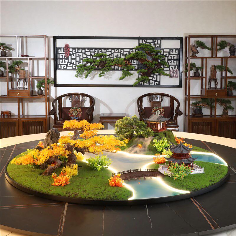 餐桌中间摆花喷雾化流水灯光遥控桌摆转盘花摆圆桌芯装饰盆景摆件