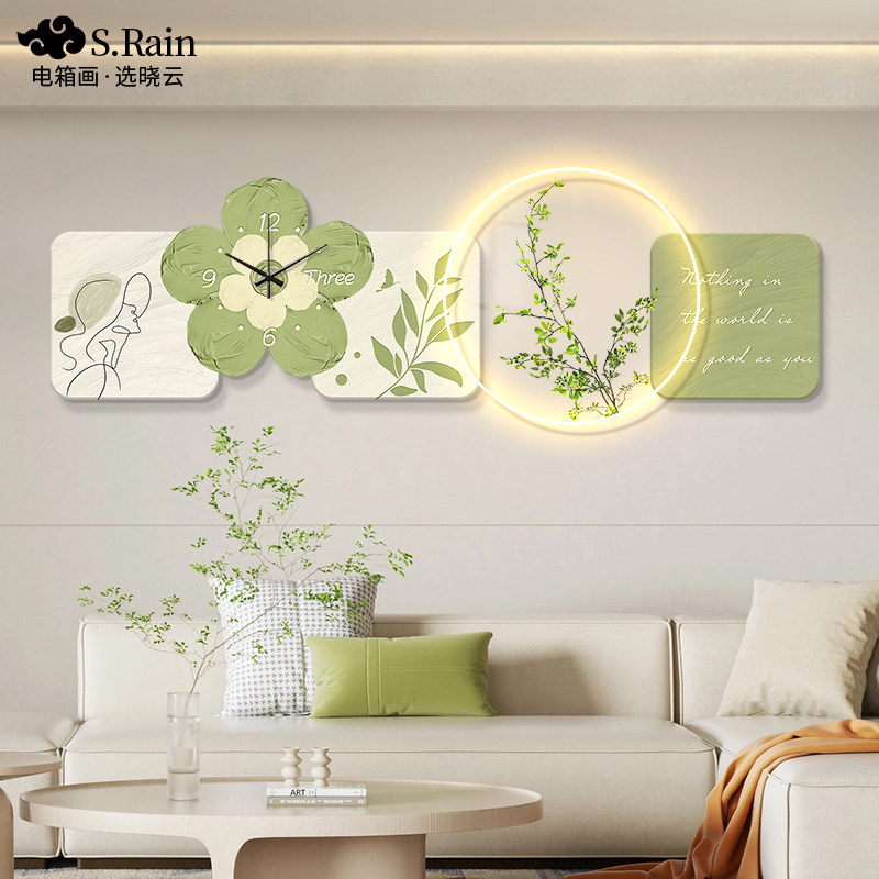 奶油风客厅装饰画壁灯2023新款沙发背景墙挂画带钟表灯画卧室壁画
