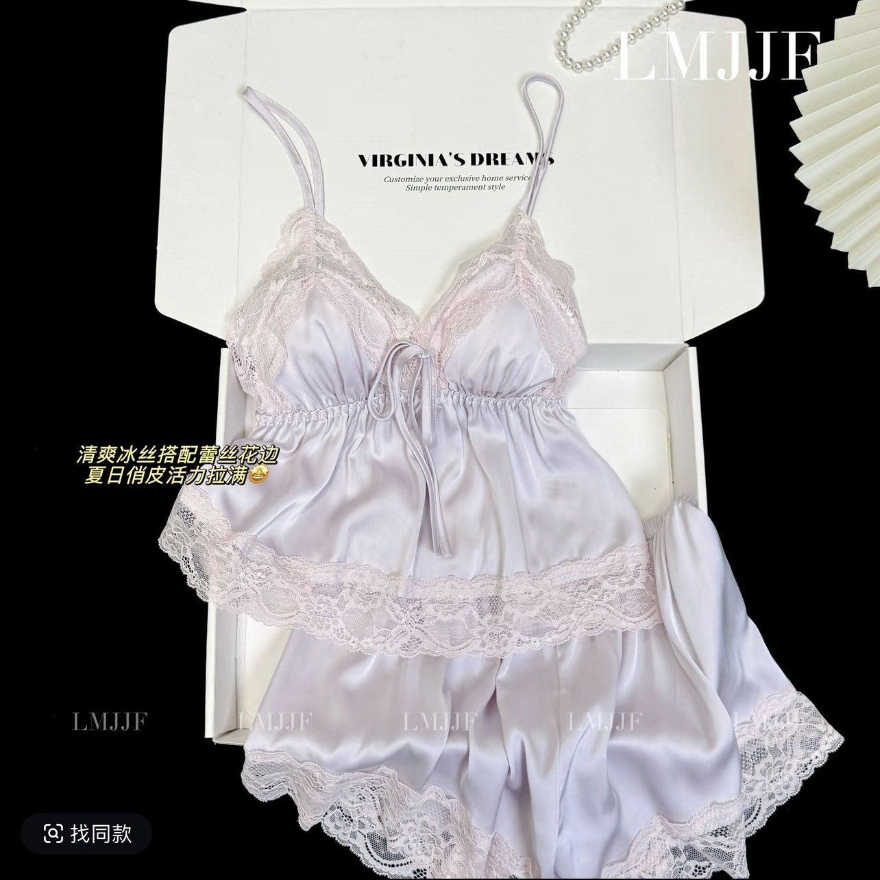 法式冰丝绸缎睡衣女夏季纯欲风蕾丝花边吊带短裤带胸垫家居服套装