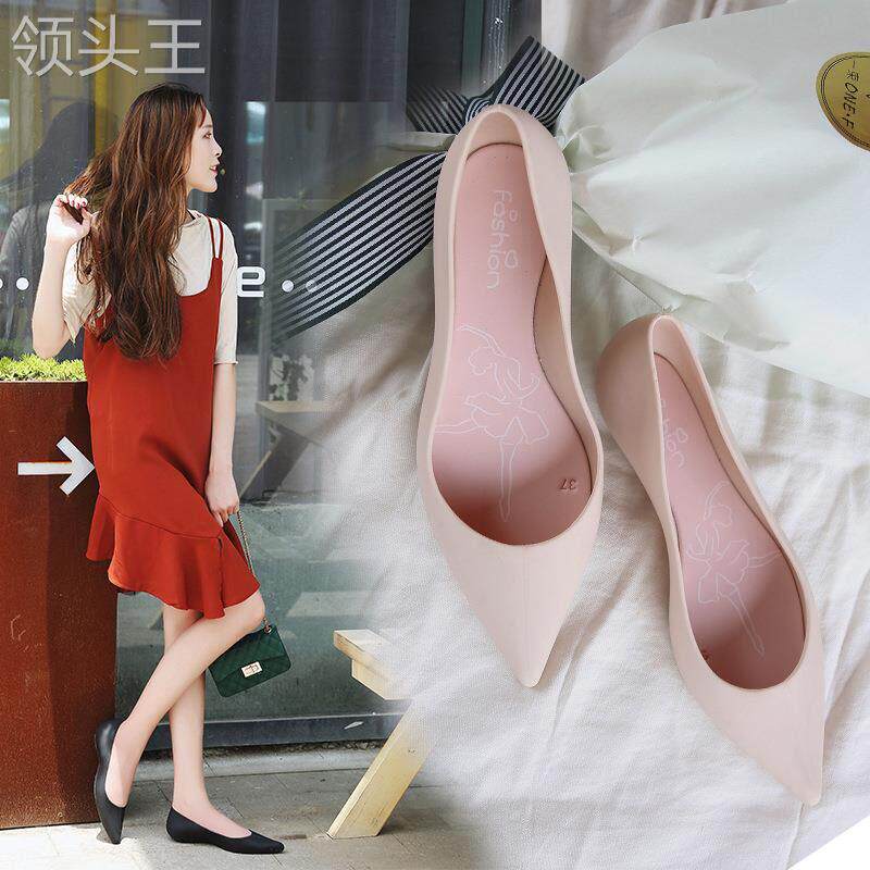 时尚浅口雨鞋女春秋平底果冻鞋尖头防水纯色休闲工作鞋