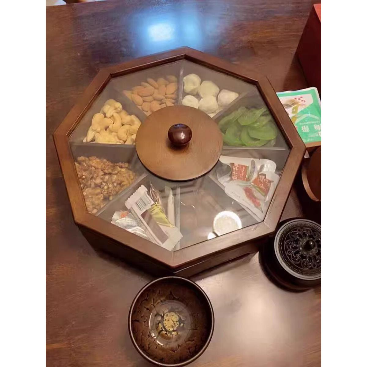 实木质创意中式果盘糖果盘瓜子盘分格带盖彷古木制干果盒客厅收纳