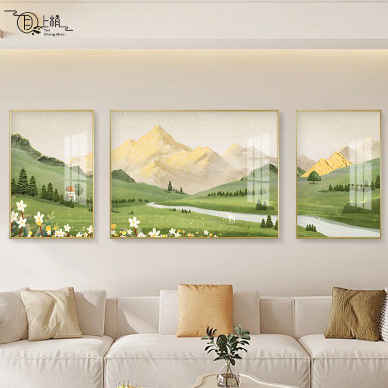 日照金山客厅装饰画背有靠山奶油风沙发背景墙挂画山水风景壁画