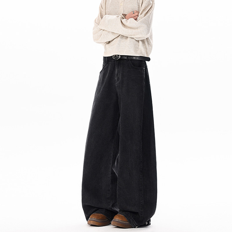 美式复古水洗牛仔裤男春季宽松直筒阔腿裤休闲长裤黑色