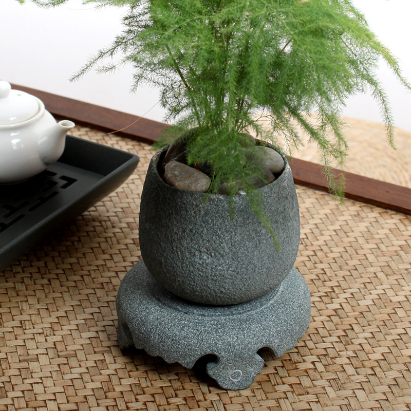 青石花盆摆设绿植石盆景兰花石用具桌面装饰景观整套石头底座花托