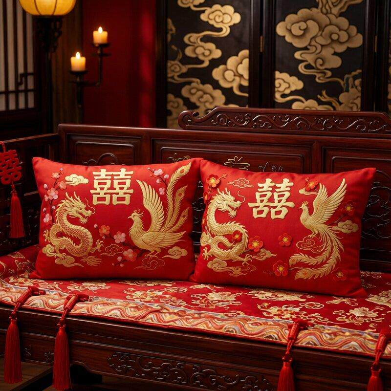 喜庆龙凤抱喜抱枕十字绣满绣自己手工线绣制作客厅靠垫结婚喜庆