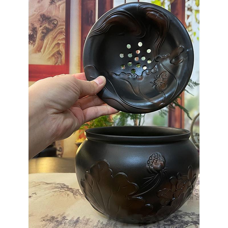 紫陶茶渣缸家用客厅茶洗陶瓷大号覆古带盖过滤水盂水洗茶具配件