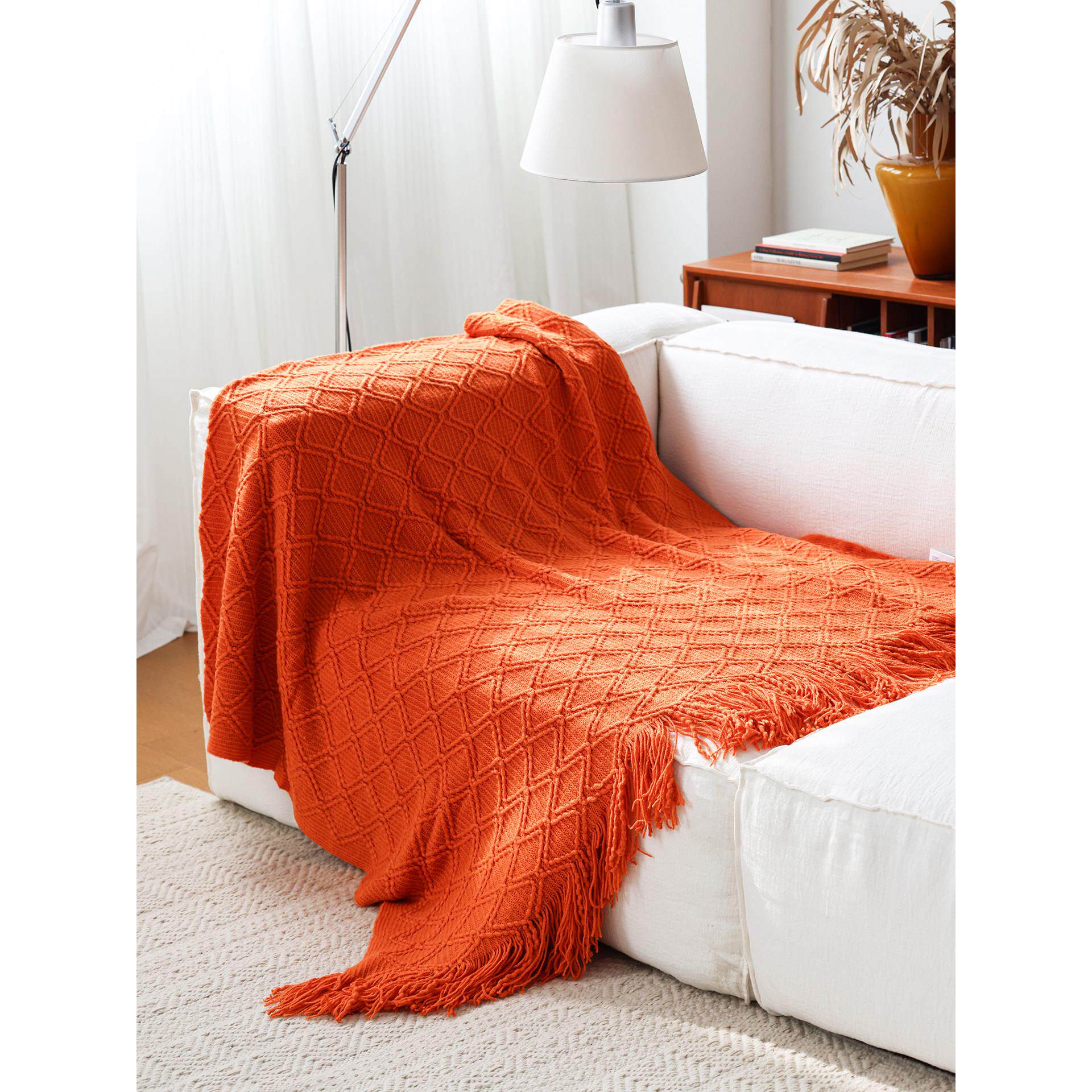 针织纯色床尾巾搭毯沙发装饰毛线编织毛毯简约风桔色包邮新款春秋