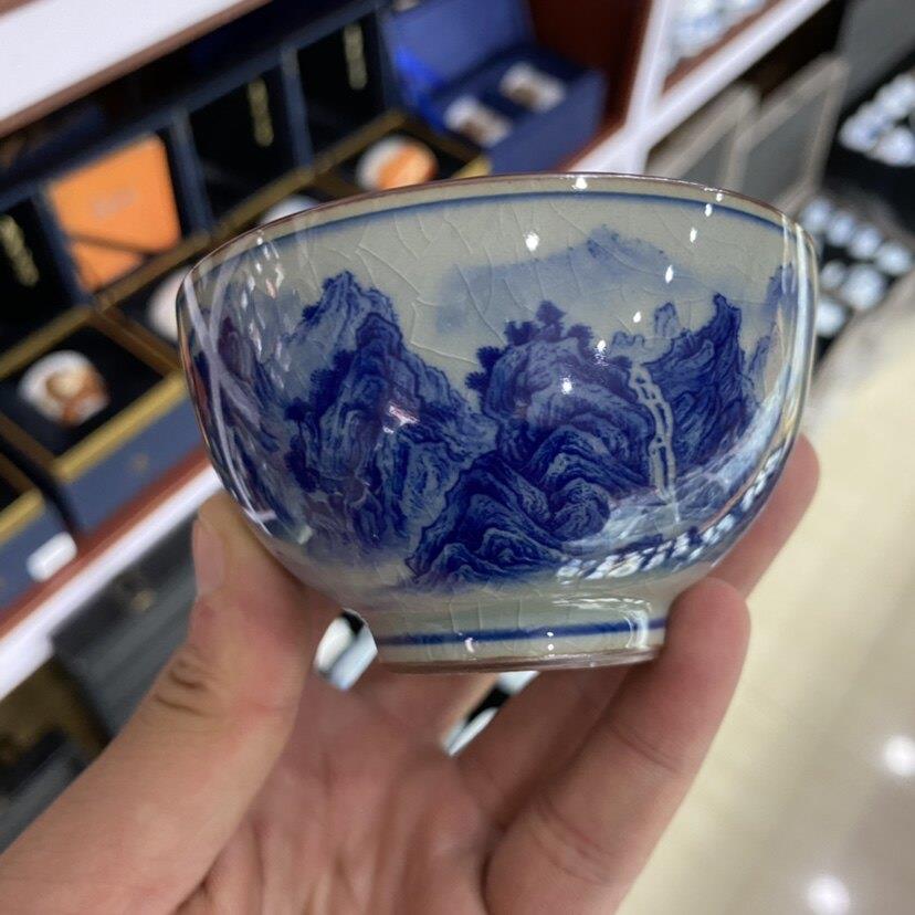景德镇青花瓷千里江山图主人杯单杯品茗杯子功夫茶具陶瓷茶杯开片