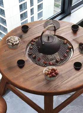 老榆木围炉煮茶桌阳台暖炉室内烧烤一体桌电陶炉庭院烤火取暖餐桌