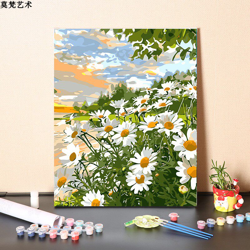 数字油画diy手工填充治愈系清新小雏菊花卉手绘涂色丙烯油彩画画