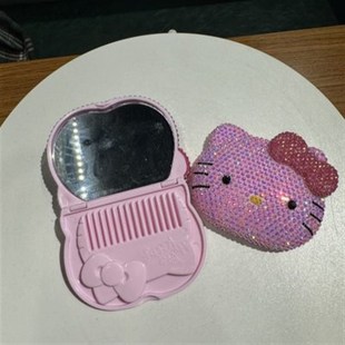 贴钻创意卡通儿童迷你镜子带梳子一套卧室印花小猫可折叠旅行套装