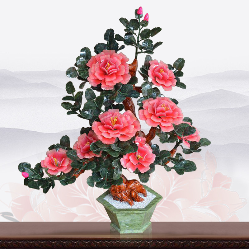 玉石雕刻牡丹花盆景客厅玉器工艺品花架茶几装饰品玄关博古架摆件