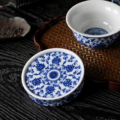 景德镇永乐团花缠枝莲盖置杯垫小紫砂壶盖托壶承家用茶道零配