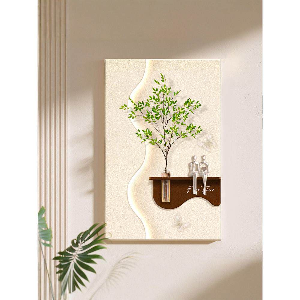 立体砂岩客厅装饰画水培绿植挂画创意氛围灯光入户背景墙玄关壁画