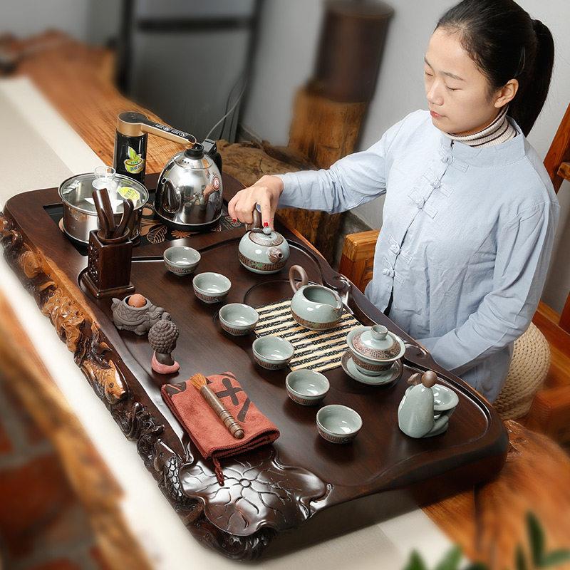 黑檀木整块实木红木茶盘全自动高端烧水一体整套茶具套装家用茶台