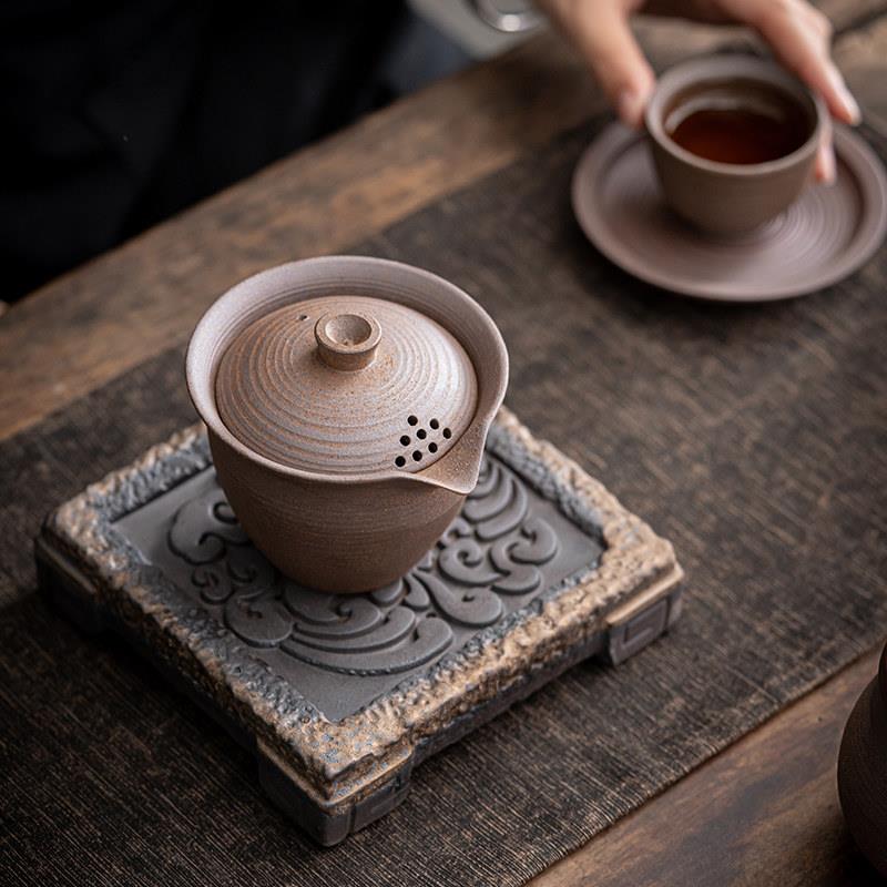 复古粗陶手抓壶盖碗茶杯手工泡茶碗陶瓷单壶带过滤三才杯家用茶具
