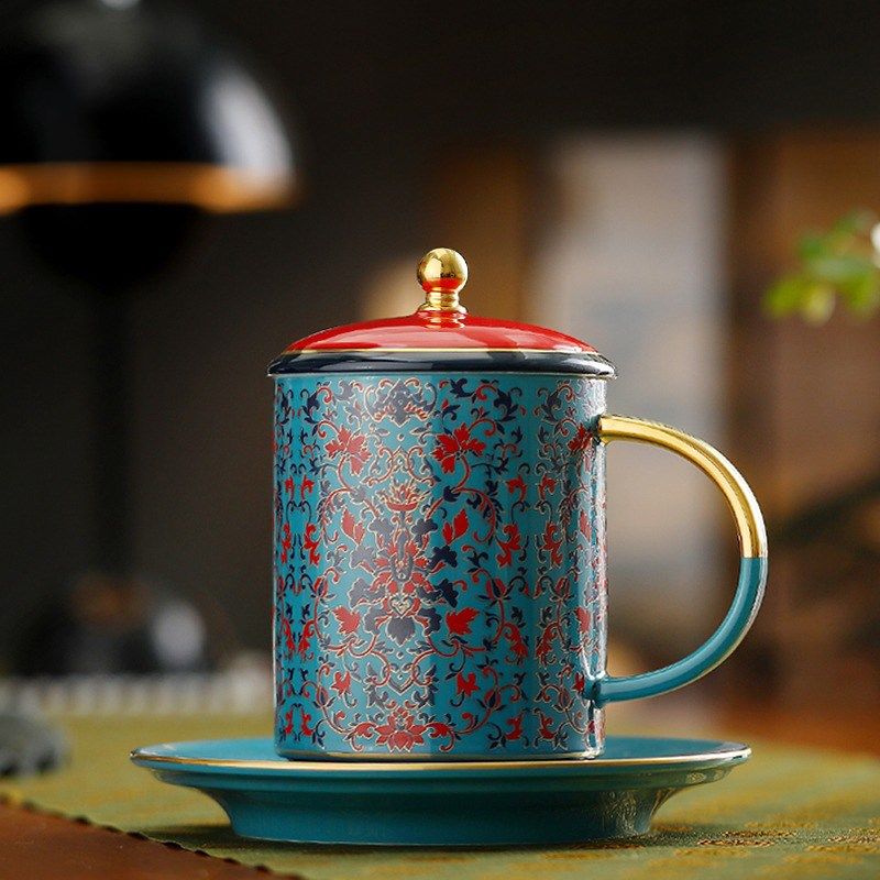 雄驰郁郁春华珐琅彩泡茶杯陶瓷杯带盖宫廷风办公杯个人杯送礼家用,餐饮具,茶杯,淘宝优惠券,粉丝福利购,淘宝优惠卷