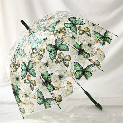 沛欣拱形复古透明伞女 蝴蝶印花蘑菇伞弯柄长柄伞半自动直杆雨伞