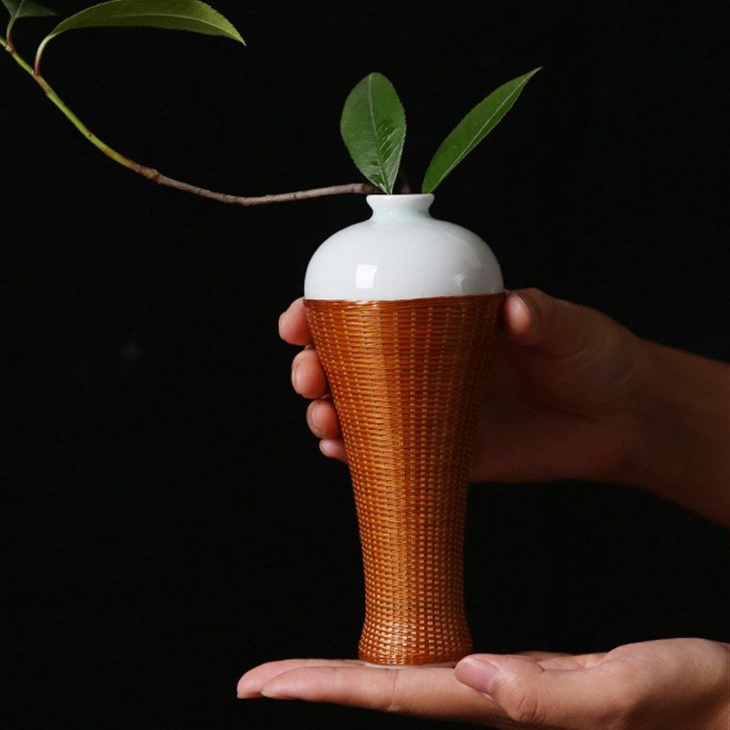 中式创意非遗手工瓷胎竹编工艺竹丝扣茶室摆件花瓶梅瓶茶桌花器,家居饰品,花瓶,淘宝优惠券,粉丝福利购,淘宝优惠卷