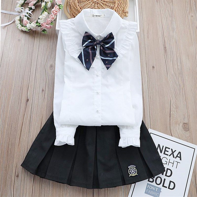 女童衬衫长袖纯棉中大童衬衣翻领女孩白色演出服儿童短裙校服套装