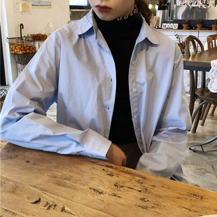 百思朵天蓝色衬衫春女叠穿淡蓝色上衣纯棉长袖奶蓝色衬衣宽松外套