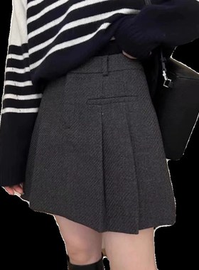 灰色百褶裙女西装半身裙胖mm遮肚显瘦A字防走光毛呢加厚学生短裙