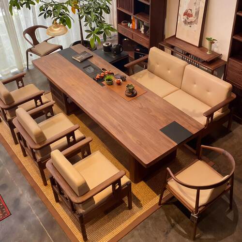 新中式岩板黑胡桃木茶桌椅家用茶台设计师实木办公茶室泡茶带柜子