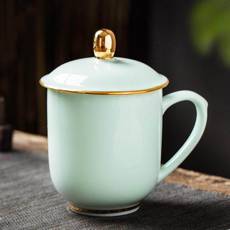 景德镇青瓷茶杯高档礼品陶瓷水杯办公会议杯家用高端招待客人水杯