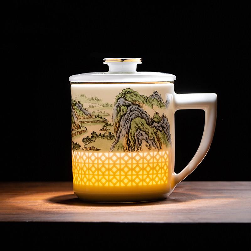 景德镇玲珑瓷茶杯茶水分离陶瓷办公杯带盖过滤泡茶杯家用带把单杯