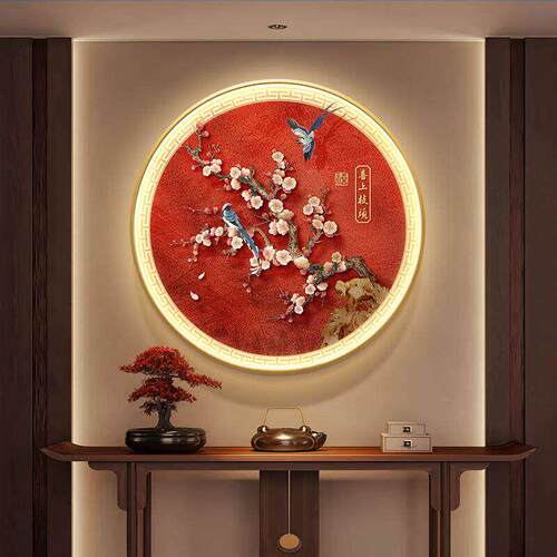 新中式喜上枝头玄关装饰画客厅入户门圆形灯画走廊过道挂画寓意好