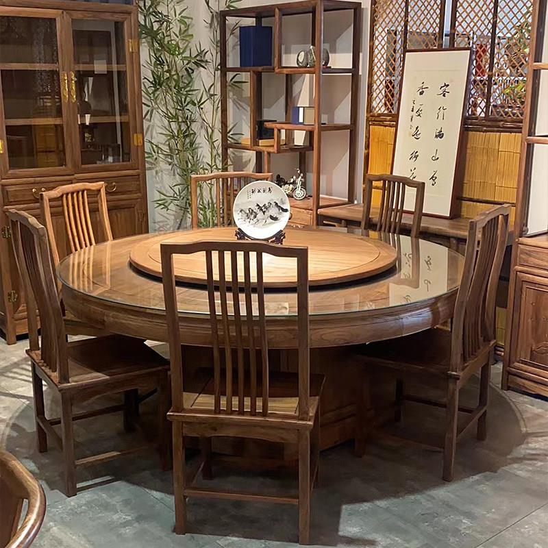 老榆木电自动转盘大圆形吃饭桌子饭厅新中式实木家用简约餐桌椅
