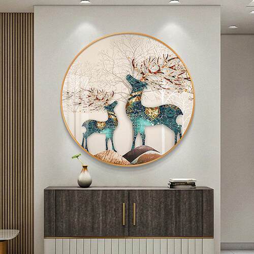 发财鹿招财入户玄关装饰画圆形现代客厅餐厅墙壁画走廊过道挂画