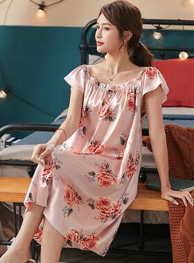 夏季中老年妈妈短袖女士真丝绸睡衣裙200斤40-50-60岁冰丝睡裙5XL