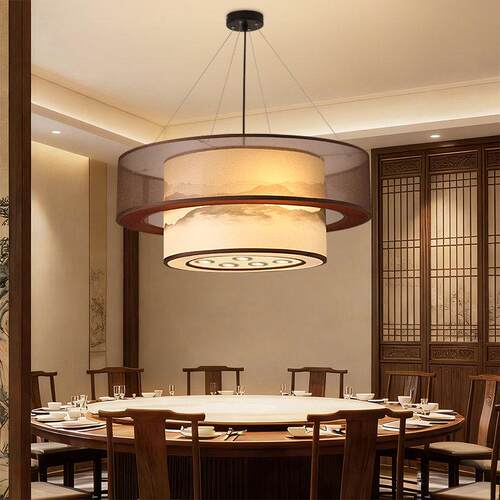 饭店饭厅包厢吊灯带射灯新中式餐桌包间灯火锅店宋式美学大厅灯具