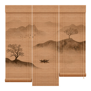 禅意山水画竹帘卷帘窗帘卷拉式茶室新中式装饰隔断帘办公室遮阳帘