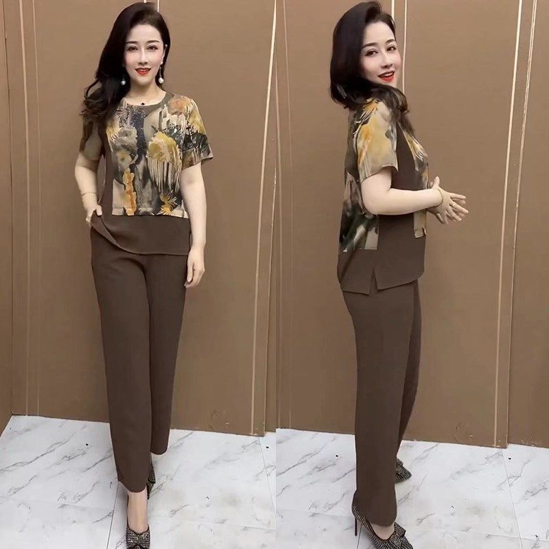 妈妈装夏装新款洋气套装40-50岁上衣阔腿裤中老年女夏季t恤两件套