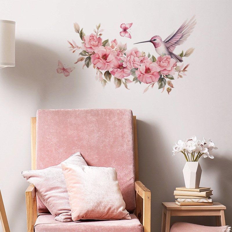 粉色花朵贴画树枝上小鸟翠鸟墙贴纸客厅房间卧室装饰墙壁纸自粘贴,家居饰品,涂鸦墙贴,淘宝优惠券,粉丝福利购,淘宝优惠卷