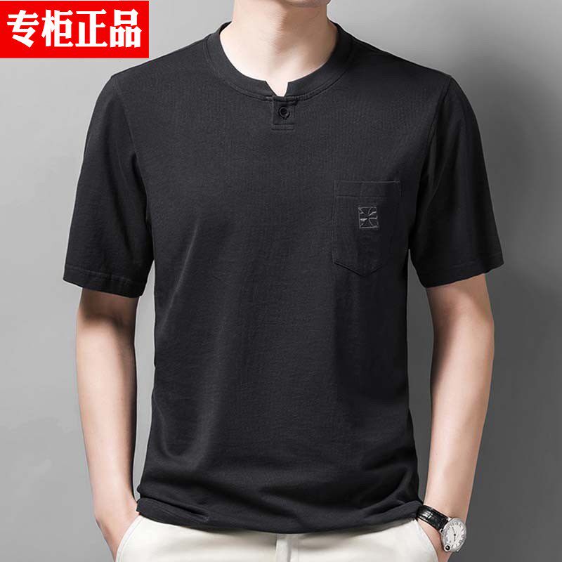 男士t恤短袖纯棉2024新款圆领有带扣体桖大码中年爸爸夏装上衣丅