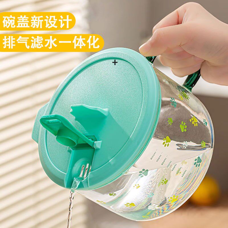 高硼硅玻璃沥水泡面碗大口径微波炉可用学生可爱带盖带把手的饭碗