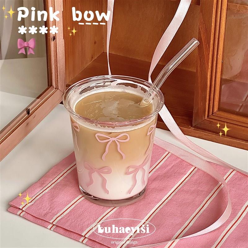 粉色蝴蝶结透明玻璃杯~送人可爱牛奶早餐饮料果汁咖啡杯碗套装