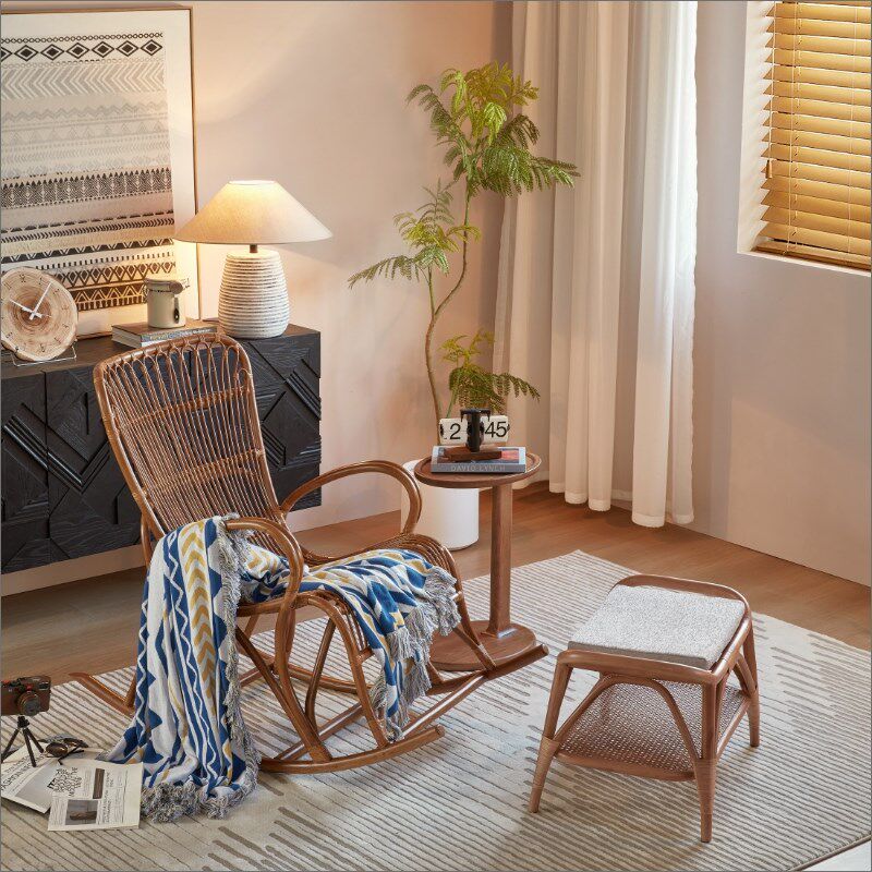 中古风藤编藤实木摇椅老人午休椅全藤椅躺椅藤艺家具逍遥椅摇摇椅