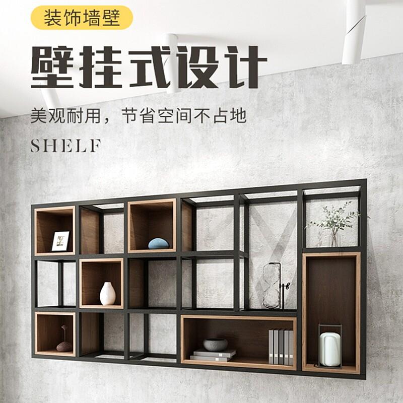工业风铁艺墙上装饰置物架多层格子书架实木墙面壁挂收纳架展示架