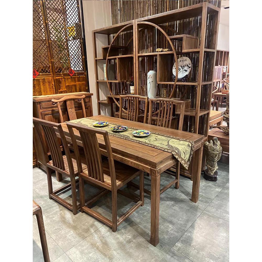 老榆木圆形桌吃饭桌子餐厅新中式实木家用简约小户型餐桌椅组合