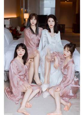 晨袍新中式女新娘结婚睡袍羽毛晨拍伴娘团礼服高级感化妆晨袍长版
