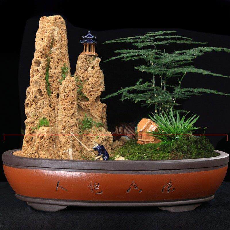 紫砂花盆假山流水造景花盆可养鱼室内椭圆形陶瓷花盆长方形景观无