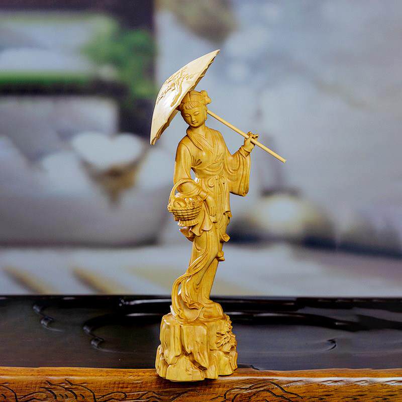 黄杨木雕美女人物木质雕刻仕女踏青新中式家居装饰收藏工艺品摆件