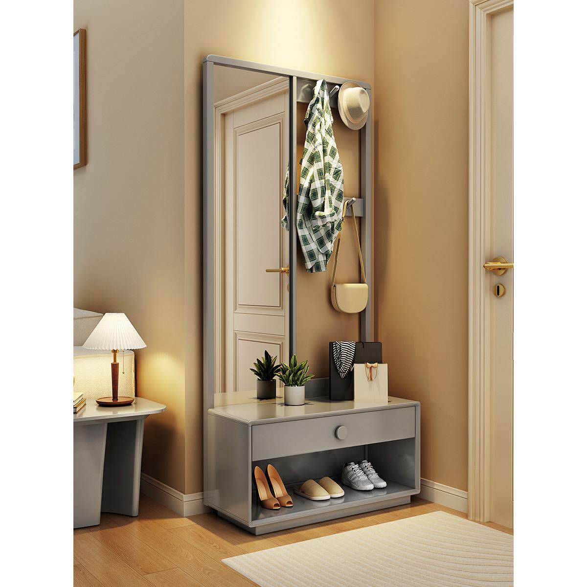 实木衣帽架落地进门换鞋凳挂衣架一体入户门口玄关卧室衣服收纳架