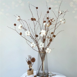 圣诞装饰花束天然树枝棉花真松果商场橱窗布置节日干花花瓶插花艺