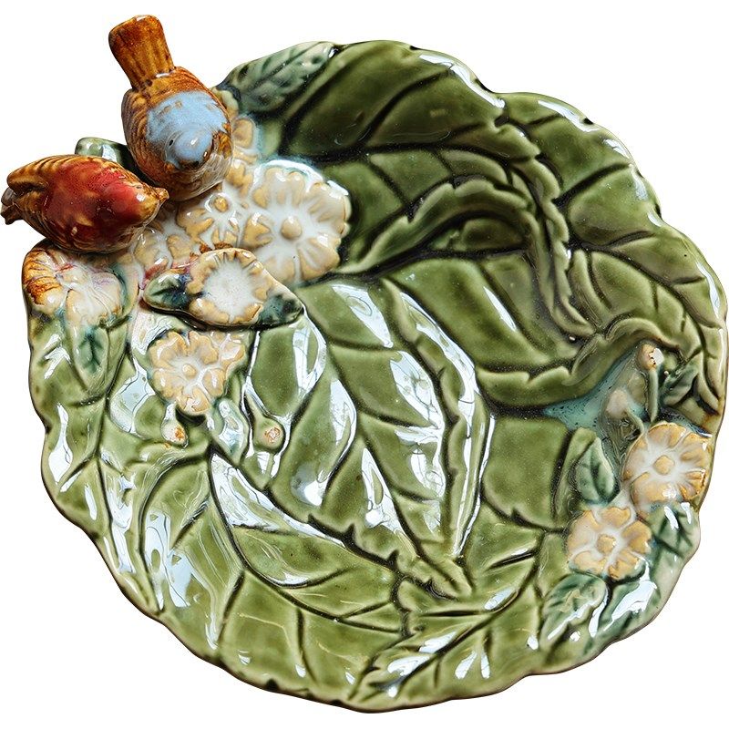 欧式陶瓷家居饰品绿色荷叶小鸟陶瓷釉面装饰盘子瓜子碟果盘摆件,家居饰品,装饰摆件,淘宝优惠券,粉丝福利购,淘宝优惠卷