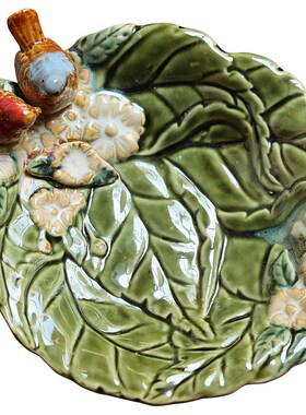 欧式陶瓷家居饰品绿色荷叶小鸟陶瓷釉面装饰盘子瓜子碟果盘摆件